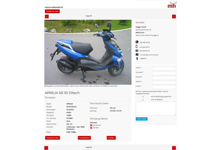 Scooter Piaggio Webseite Desktop Design Fahrzeugdetails